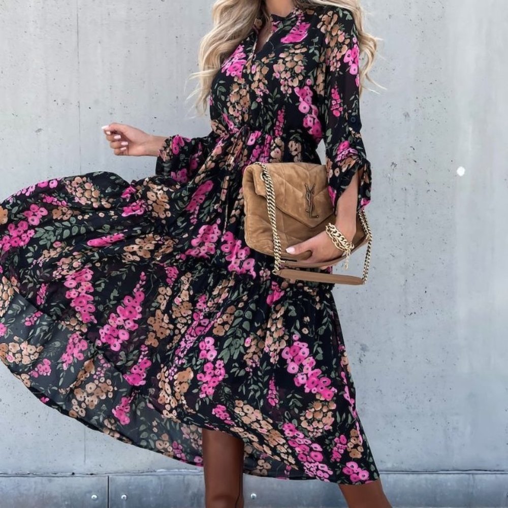 Black Floral Tiered Tie Waist Midi Dress